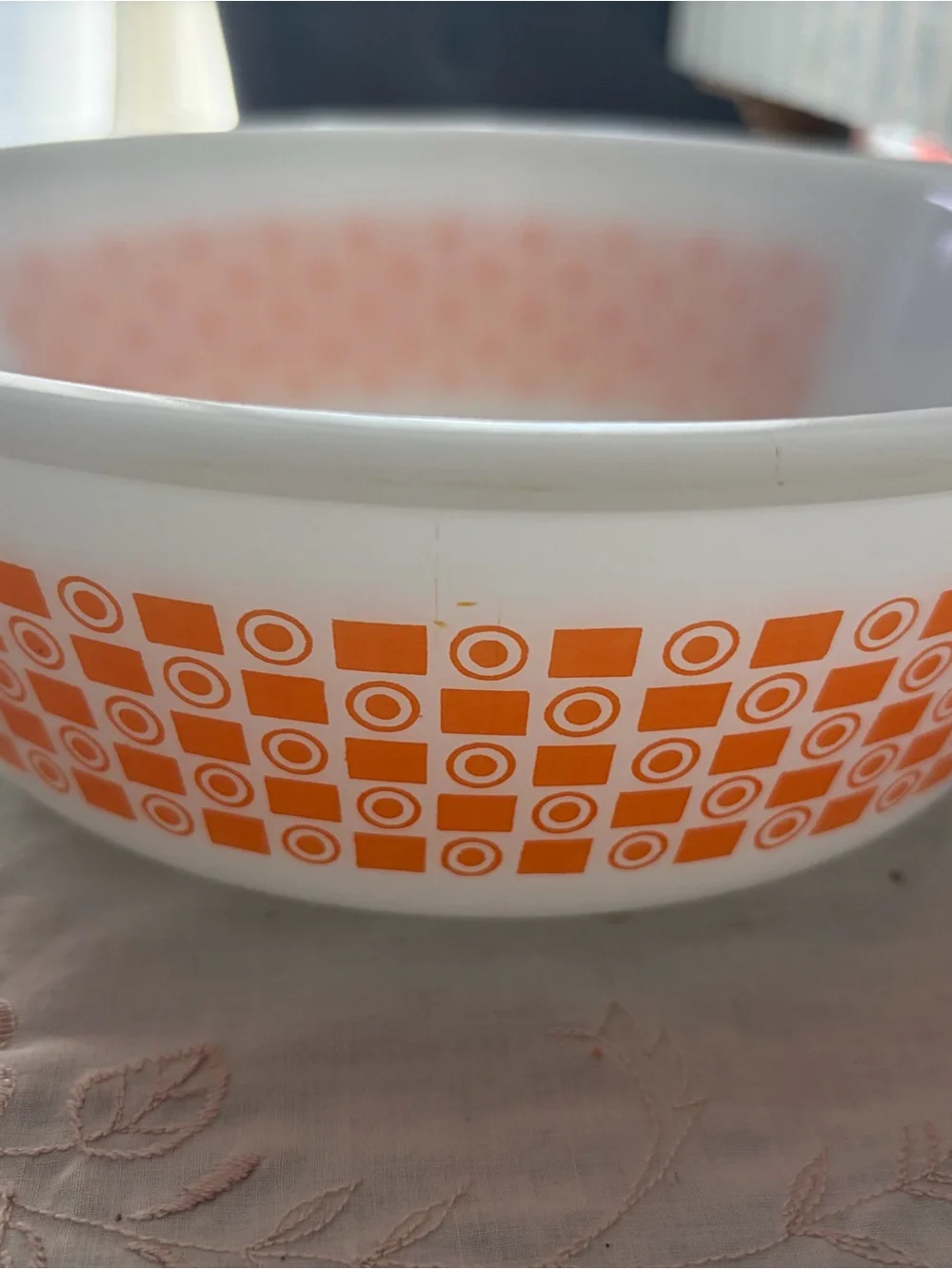 Glassbake White Casserole and Mixing Bowl Set with Orange Geometric Pattern